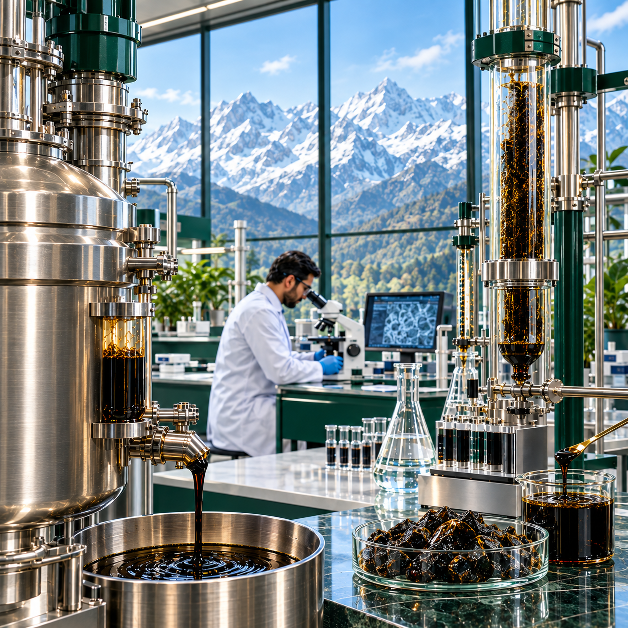 Himalayas Naturals pharmaceutical-grade Shilajit resin extraction and cold-water purification process inside a modern laboratory facility with Himalayan mountain view.